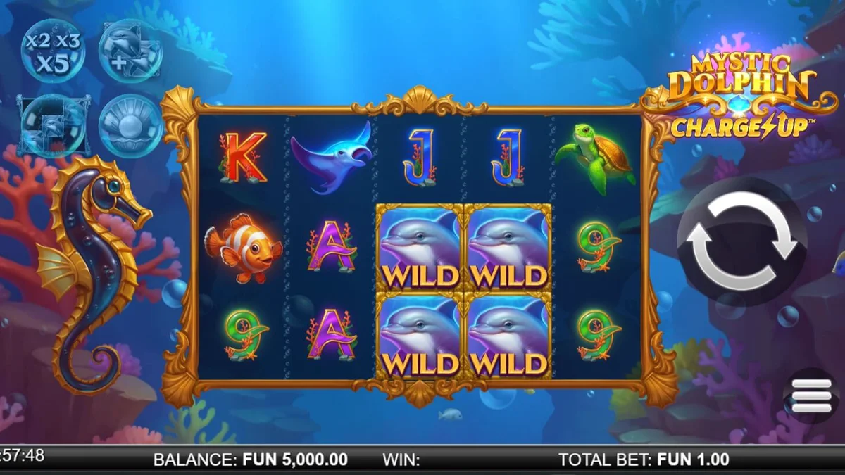 Interface do jogo Mystic Dolphin Charge Up mostrando símbolos marinhos e o medidor Charge Up