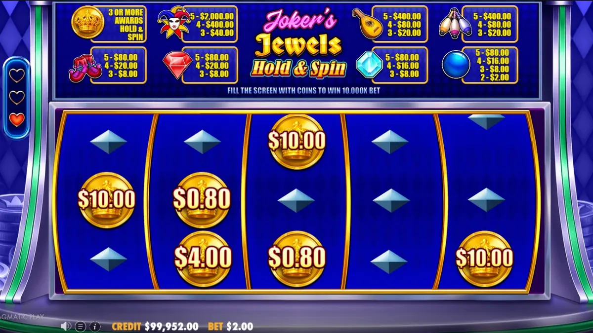 Interface do jogo Joker's Jewels Hold & Spin com símbolos de coringa e pedras preciosas