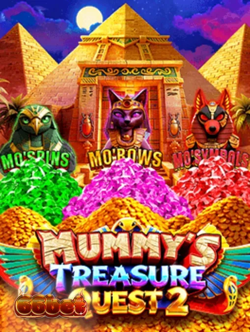 Interface do jogo Mummy’s Treasure Quest 2 com elementos egípcios e grade de bônus.